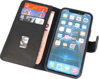 Handmade Lederen Book Case Telefoonhoesje - Wallet Case - Portemonnee Hoesje - Geschikt voor iPhone 12 Pro Max - Zwart