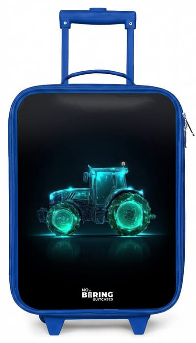 NoBoringSuitcases.com® - Kinderkoffer blauw - Kindertrolley jongen - Neontractor op zwarte ondergrond - Koffer kind lichtgewicht - Reiskoffer trolley voor kinderen - Koffertje met lichtgevende wieltjes - Rolkoffer
