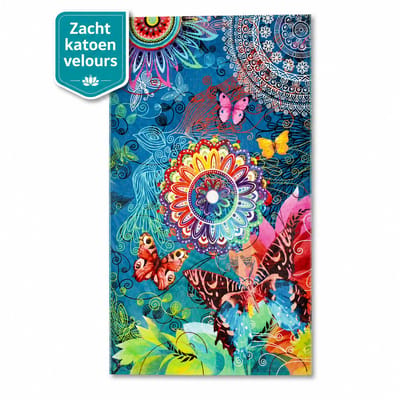 Strandlaken Turquoise Mandala 100x180 cm – Katoen Velours – Zacht en Absorberend – Groot Badlaken met Vlinders