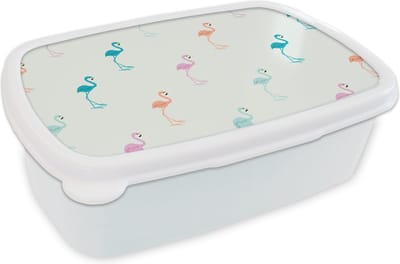 Broodtrommel Wit - Lunchbox - Brooddoos - Patronen - Jungle - Flamingo - Pastel - 18x12x6 cm - Volwassenen