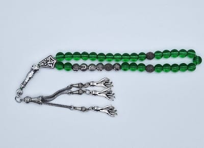 Handgemaakte naam tasbih 33 Kralen Natuursteen “Groene kwartz” - met metaal tassel “ Handpalm"- Met je naam of de naam van uw geliefde- 8 mm diameter van de korrel