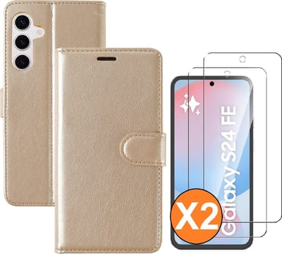 Hoesje geschikt voor Samsung Galaxy S24 FE hoesje Goud pasjeshouder telefoon - Met screenprotector tempered glass voor Galaxy S24 FE - 2x