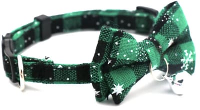Kersthalsband met strik voor kat of kleine hond groen snowflake belletje