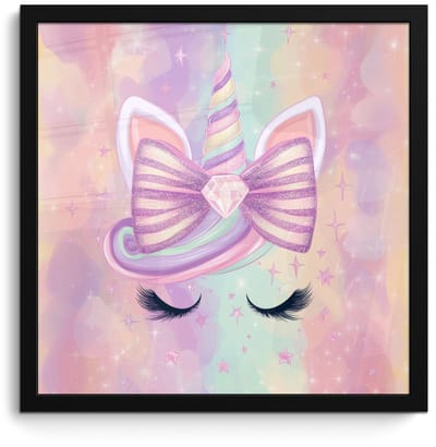 Poster in lijst - Fotolijst 40x40 cm - Posters - Eenhoorn - Glitters - Regenboog - Pastel - Posterlijst zwart - Decoratie - Wanddecoratie woonkamer - Muurdecoratie slaapkamer