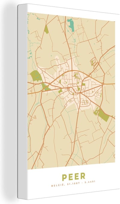 Canvas Schilderij België - Kaart - Plattegrond - Stadskaart - Peer - 20x30 cm - Wanddecoratie