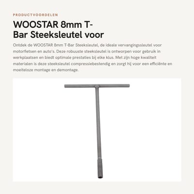 Dailygoods- T-Bar Steeksleutel 8mm - Steeksleutelhouder - Vervangingsonderdeel - Motorfiets/Auto - 280mm Lengte - Hoogwaardige Materialen