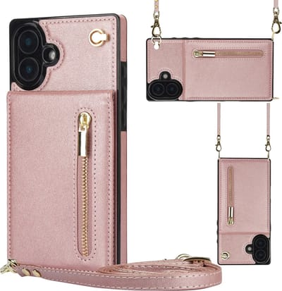 Multimedia & Accessoires Stijlvolle Leren Fashion Backcover Case Hoesje met Koord, Stand Ritsvak en Pasjeshouders geschikt voor Apple iPhone 16 - Rosegoud