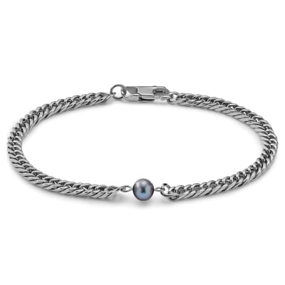 Ocata | Armband met Zilverkleurige Cubaanse Schakels en Zwarte Parels