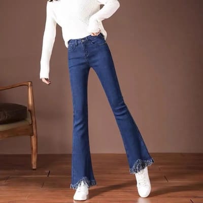 Micro Pantalon Femme Pantalon Taille Haute Printemps et Automne Grande Taille Stretch Jeans Neuf Points Coupe Drape Évasé 26 blue