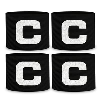 Zwarte aanvoerdersbanden voetbal heren dames verstelbare elastische armband met witte letter C polyester wraps set van 4 stuks geschikt voor wedstrijden en trainingssessies
