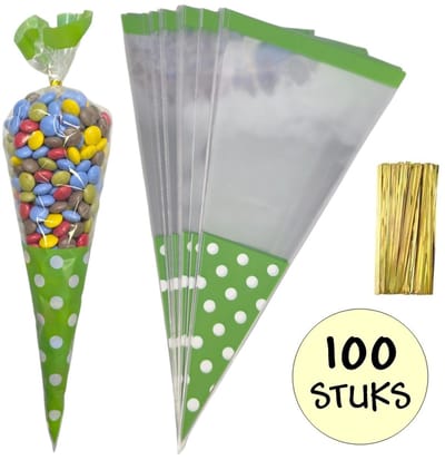 100x Cellofaan Puntzakken Groene Stippen 37x18cm - Uitdeelzak - Traktatie Zak - Snoepzak - Inclusief Sluitstrips - 18x37cm - Groen - 100 Stuks