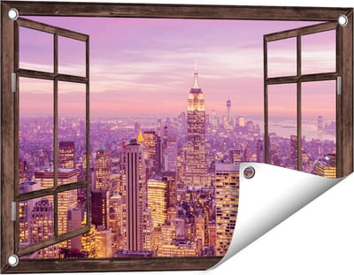 Gards Tuinposter Doorkijk New York Skyline met Lichten bij Zonsondergang - 60x40 cm - Tuindoek - Tuindecoratie - Wanddecoratie buiten - Tuinschilderij