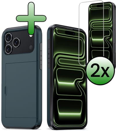 Hoes Geschikt voor iPhone 17 Pro / 18 Pro Hoesje Hard Case Met Pas Houder Met 2x Screenprotector - Hoesje Geschikt voor iPhone 17 Pro / 18 Pro Hoes Shockproof Hard Cover Met Kaarthouder - Donkerblauw