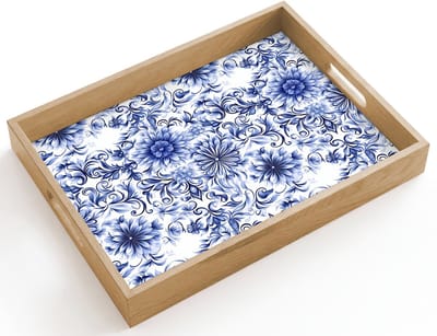 Dienblad hout 40x30 cm - Schootdienblad - Bloemen - Blauw - Patroon - Wit - Borrelplank rechthoek - Plateau dienbladen