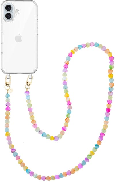xoxo Wildhearts siliconen hoesje - Geschikt voor iPhone 17 hoesje - Shell Hearts (long) - Telefoonhoesje - Hoesje met koord - gekleurde hartjes - Lang koord - Transparant hoesje met telefoonkoord - Regenboog / Meerkleurig