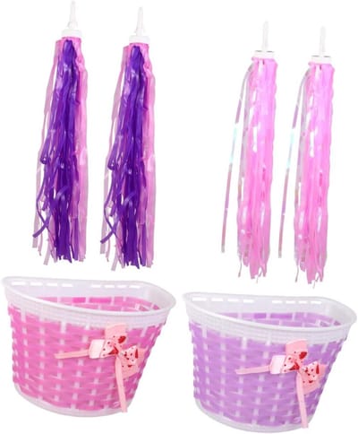 Fietsaccessoires Set - Kinder Decoratie - Fiets Versieren - Met Mandje Streamers - 20 cm Lengte - Paars Roze