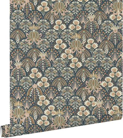 ESTAhome behang vintage bloemen in art nouveau stijl vergrijsd donker blauw - 50 x 900 cm - 130975