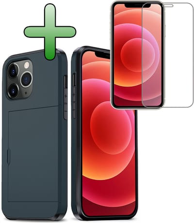 Hoes Geschikt voor iPhone 11 Pro Hoesje Hard Case Met Pas Houder Met Screenprotector - Hoesje Geschikt voor iPhone 11 Pro Hoes Shockproof Hard Cover Met Kaarthouder - Donkerblauw