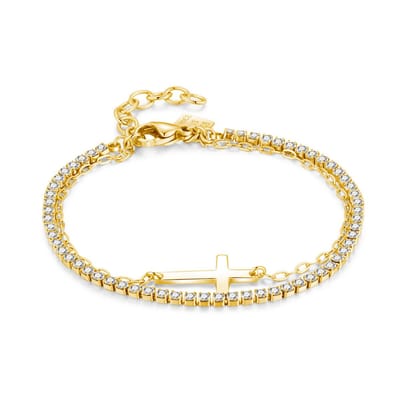 Twice As Nice Armband in goudkleurig edelstaal, dubbele ketting, kruisje, witte kristallen 15cm+3cm