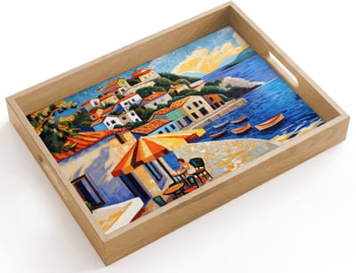 Dienblad hout 40x30 cm - Schootdienblad - Kustdorp - Huisjes - Mozaïek - Zee - Borrelplank rechthoek - Plateau dienbladen