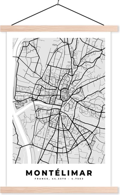 Posterhanger incl. Poster 40x60 cm - Schoolplaat - Kaart – Stadskaart – Frankrijk - Montélimar - Plattegrond - Textielposter - Blanke latten - Stadskaart