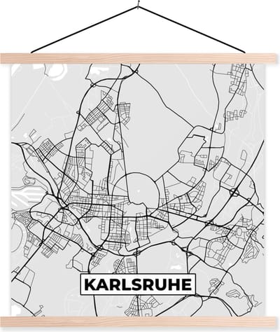 Posterhanger incl. Poster 40x40 cm - Schoolplaat - Karlsruhe - Kaart - Plattegrond - Stadskaart - Duitsland - Textielposter - Blanke latten - Stadskaart