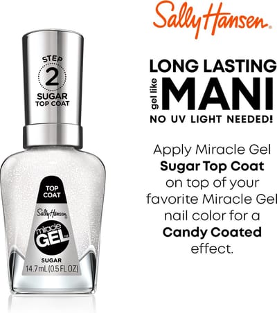 Sally Hansen Miracle Gel - 103 - Sugar, Top coat, Anti-chip, Resultaat van salonkwaliteit, Geen UV-licht nodig, 15 ml