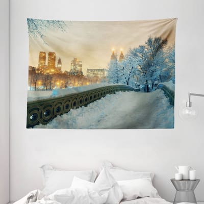 ABAKUHAUS Winter Wandtapijt en Sprei, Central Park in New York, 150 x 110 cm, Oranje Wit Olijfgroen