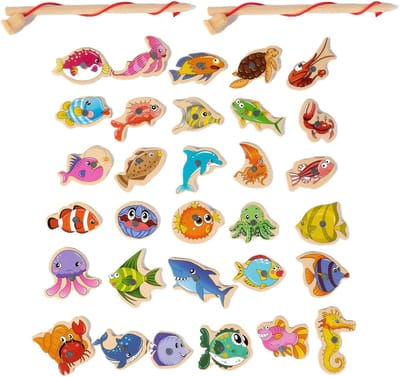 Visspel, vissen, magnetisch, visspeelgoed, 33 stuks, spelletjes voor kinderen, magnetische puzzel, houten visspel, kindermagneten, educatief spel voor kinderen, cadeau ouder dan 3 jaar