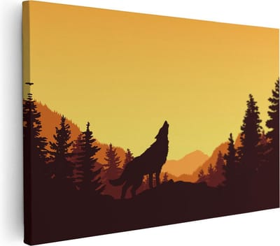 Artaza Canvas Schilderij Huilende Wolf - 30x20 cm - Klein - Wanddecoratie Bos - Muurdecoratie Bergen - Schilderijen Op Canvas