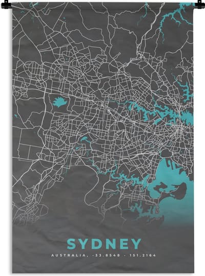 Wandkleed - Wanddoek - Sydney - Stadskaart - Plattegrond - Blauw - Kaart - 120x180 cm - Wandtapijt