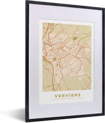 Fotolijst incl. Poster - Stadskaart - Kaart - Plattegrond - Vintage - Verviers - 30x40 cm - Posterlijst