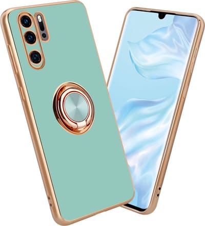 Cadorabo Hoesje geschikt voor Huawei P30 PRO in Glossy Turquoise - Goud met ring - Beschermhoes van flexibel TPU-silicone Case Cover met camerabescherming en magnetische autohouder