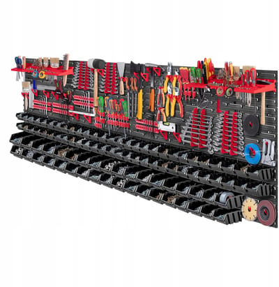 KADAX Gereedschapswandrek, groot, 232 x 78 cm, opslagsysteem van robuust kunststof, uv-bestendig modulesysteem, uitbreidbare wandplaten, werkplaatsrek voor garage (rood en zwart, 174 stuks)