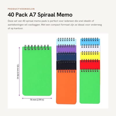 Dailygoods- Memo Pad 40 Stuks - Spiraal Notitieboekje - Mini Pocket Notitieboek - 50 Vellen - 7,6 x 12,6 cm - Draagbaar voor Kantoor/Reizen
