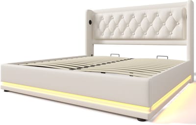 Gestoffeerd tweepersoonsbed van 140 x 200 cm, wit PU-materiaal, hydraulisch opbergbed, gestoffeerd hoofdeinde met USB Type-C-oplaadfunctie, driezijdige ledverlichting (matras inbegrepen).