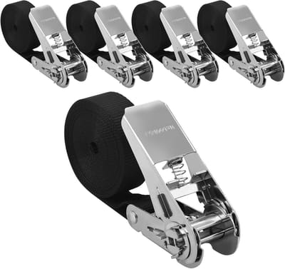 SnelShoppen - Pack van 4 Ratchet Bevestigingsriemen zonder Haken 25mm x 4m - Zwarte Straps voor Motoren, Fietsen, en Meer