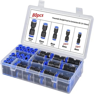 MGM Trading - 80 Stuks Snelkoppeling Luchtslangfittingen 4/6/8/10/12 Mm OD Pneumatische Push-to-connect Fittingenset Luchtleidingfittingen Voor 5/32 1/4 5/16 3/8 1/2 Inch OD Buis