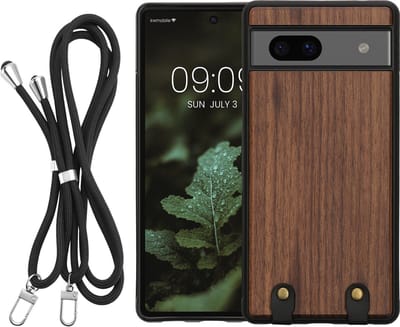 kwmobile Houten telefoonhoes met koord geschikt voor Google Pixel 7a Hoesje - Houten hoesje met telefoonkoord - donkerbruin
