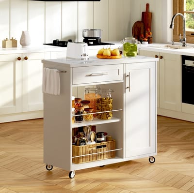 FloraGrace Keukenkast - Verrijdbare Keukenwagen Met Soft-Close Lade En Opbergruimte - Voor Keuken En Eethoek - MDF - 90x62x90 Cm - Wit
