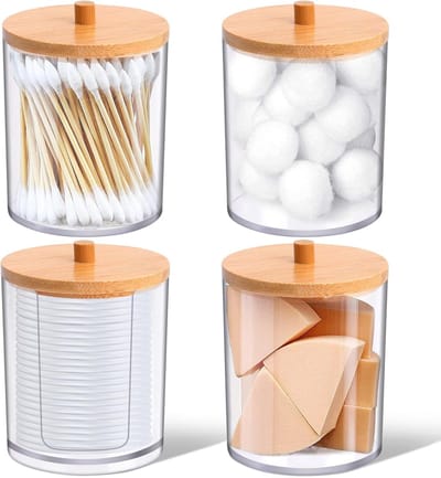 Transparante 4-delige houder voor wattenstaafjes en make-up pads met bamboedeksel