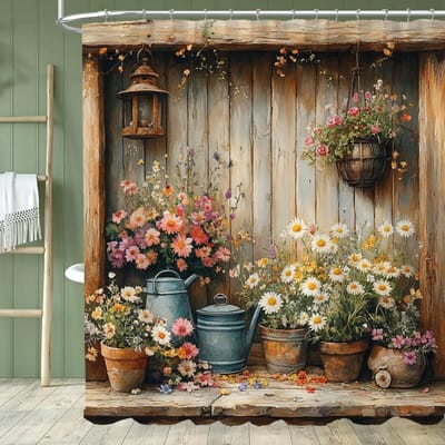 Serene Tuin Douchegordijn - Met Haken, Levendige Natuurlijke Rustieke Tuin en Bloemen Badkamergordijnen Huisdecoratie Gordijn 90x180cm-35x70in