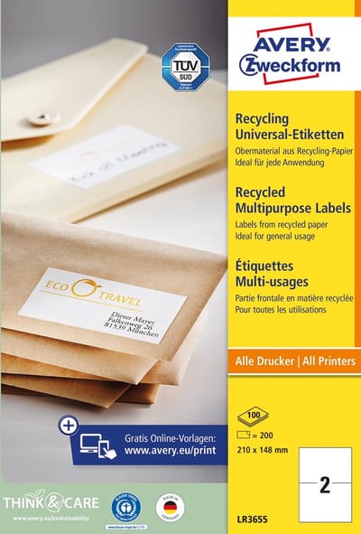 Avery printeretiketten Recycled universele etiketten, 210 x 148mm