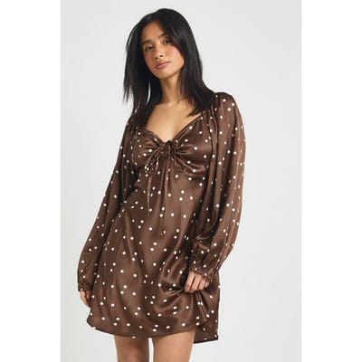 boohoo Dames Petite Polkadot Volumineuze Mouwen Satijnen Mini Jurk | Chocolate | Maat: 6