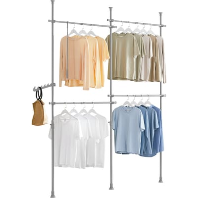 SoBuy Telescopische Kledingrail, Verstelbaar Open Kledingrek met Hangerails en Haken, Grijs, KLS03-II-HG - B (124–226) x D27 x H (200–295) cm - Voor Slaapkamer & Dressing