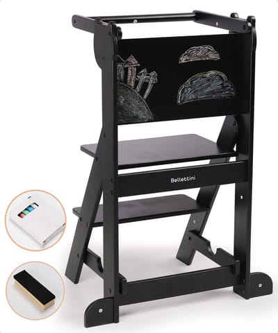 Bellettini® Inklapbare Leertoren Inclusief Krijtbord en Krijtjes - Kindertrapje voor Keukenhulp - Zwart