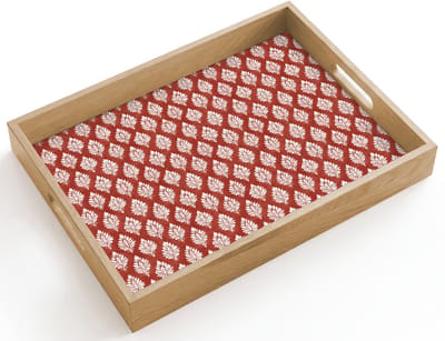 Dienblad hout 40x30 cm - Schootdienblad - Chic - Patroon - Rood - Wit - Borrelplank rechthoek - Plateau dienbladen