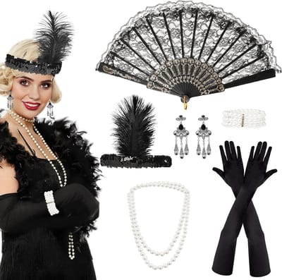 Stijlvolle 1920s kostuumaccessoires voor vrouwen, inclusief hoofdbanden, handschoenen, kettingen en oorbellen voor een geweldige Gatsby look op feesten en carnaval