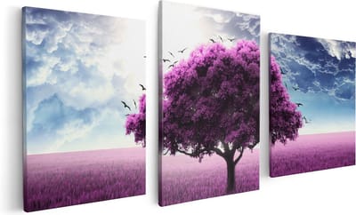 Artaza Canvas Schilderij Drieluik Paarse Boom In Het Paars Veld Met Vogels - 120x60 - Foto Op Canvas - Canvas Print