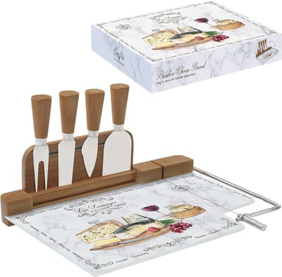 EASY-LIFE -DE LUXE GLAS EN BAMBOE KAASPLANK 31,5 X 20 CM + COMPLETE SET MESSEN IN GIFT/CADEAU BOX